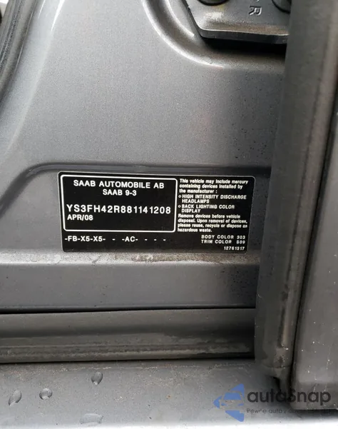 2008 Saab 9-3 Aero from USA, damaged, VIN YS3FH42R881141208